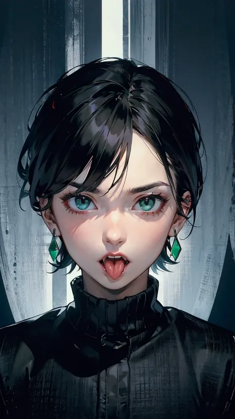 One young man,Age 25,Short black hair,Eyes are emerald green,
Aggressive,
Angles are specific,Symmetrical,Mouth to head only,Looking at the camera,The clothes facing forward are turtlenecks,Earrings,舌Earrings,
Expressionless,
With a big mouth,Sticking out ...