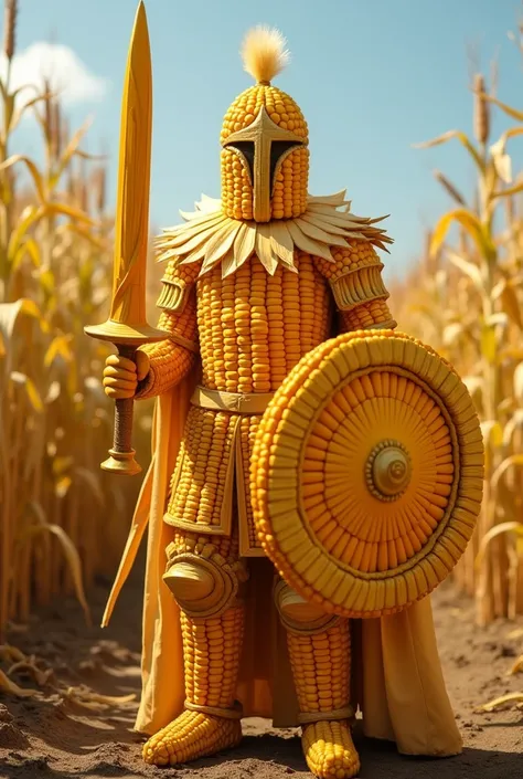 A vibrant knight stands tall, entirely crafted from corn, exuding a unique and playful charm. His helmet is fashioned from a cob of corn, the kernels perfectly arranged to create a distinctive Templar design, while the husks form a protective covering arou...