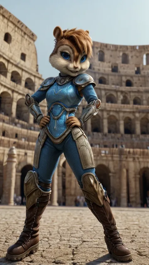 score_9, score_8_up, score_7, score_6, Italy, Rome, Colosseum arena, brittany miller, chipmunk, furry, short ears, blue eyes, battle suit battle armor, boots, standing, hands on hips, looking at viewer, 6 inches tall