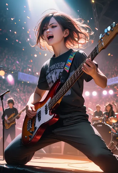 a group of young high school students performing on stage, energetic rock band, teenage musicians playing instruments, electric guitar, bass, drums, keyboardist, singer with microphone, stage lights, smoke machine, crowd cheering, high energy performance, ...