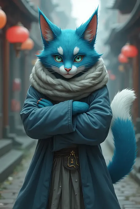 A teenage cat man，kemono style, anime, turquoise eyes，structured blue fur with white texture, Big furry tail, Puts on a shabby grey cloak, A fortune teller, wrapped