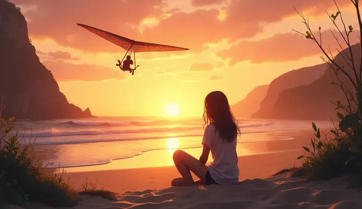 sunset at the beach, one girl sitting, from back hang glider
