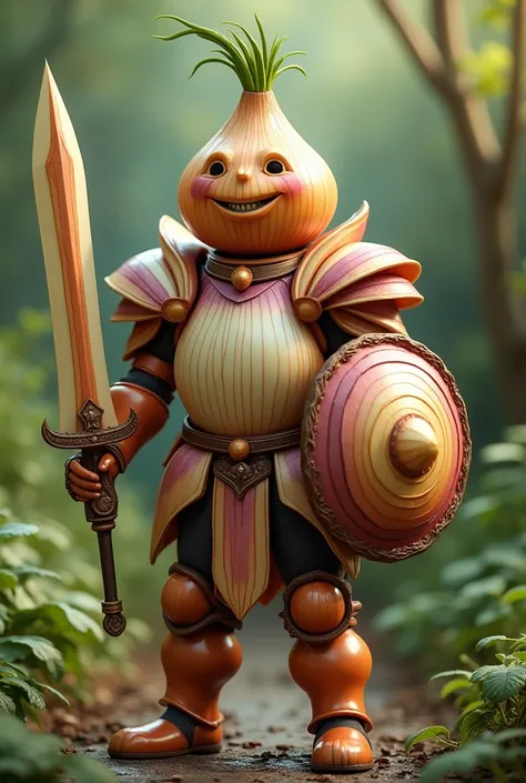 A quirky knight stands tall, entirely crafted from onions, showcasing a delightful and whimsical design. His helmet is fashioned from a large onion, the layers artfully arranged to form a classic Templar shape, with the glossy skin shining under the light....