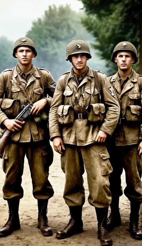 Full body shot, pld photography stylized, Band of brothers, band of soldiers of Easy Company of the US Army 101st Airborne Division and their mission in World War II Europe, from Operation Overlord to VJ Day, realistic old photography, tired and dirty sold...