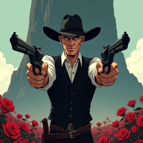 American animation, Roland Diskain, Wears a cowboy hat on his head, dressed in a black vest and a white shirt, holds a revolver in his right hand, holds a revolver in his left hand, Known, that he is tall, a thin, black-haired, Caucasian man with piercing ...