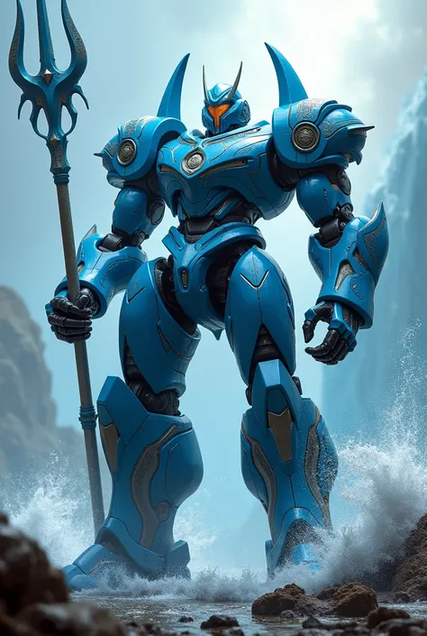 Blue mecha, Poseidon style, holding a trident,