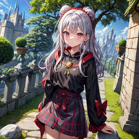 Rainbow red and silver hair、Rainbow Eyes、Wavy Hair、Hair tied up、Two cute、Checked mini skirt、Black T-shirt、Long sleeve、Wearing a hood、Black knee-high socks、Teeth are visible、Monster Castle、Tilting face、lawn、In front of the city gates、The stone is cracked、Un...