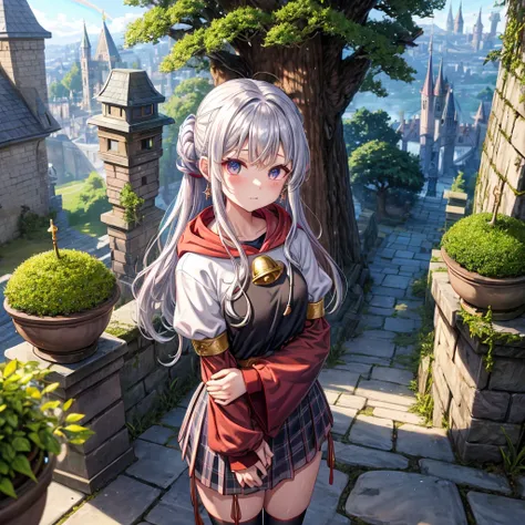 Rainbow red and silver hair、Rainbow Eyes、Wavy Hair、Hair tied up、Two cute、Checked mini skirt、Black T-shirt、Long sleeve、Wearing a hood、Black knee-high socks、Teeth are visible、Monster Castle、Tilting face、lawn、In front of the city gates、The stone is cracked、Un...