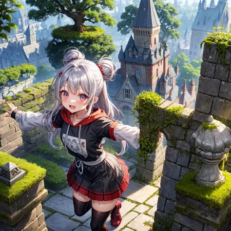 Rainbow red and silver hair、Rainbow Eyes、Wavy Hair、Hair tied up、Two cute、Checked mini skirt、Black T-shirt、Long sleeve、Wearing a hood、Black knee-high socks、Teeth are visible、Monster Castle、Tilting face、lawn、In front of the city gates、The stone is cracked、Un...