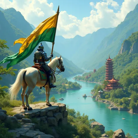 River valley with scenic landscape, a medieval  warrior  horse riding on the riva gold and green flag, lego pagodas on the margins of the river, whimsical.