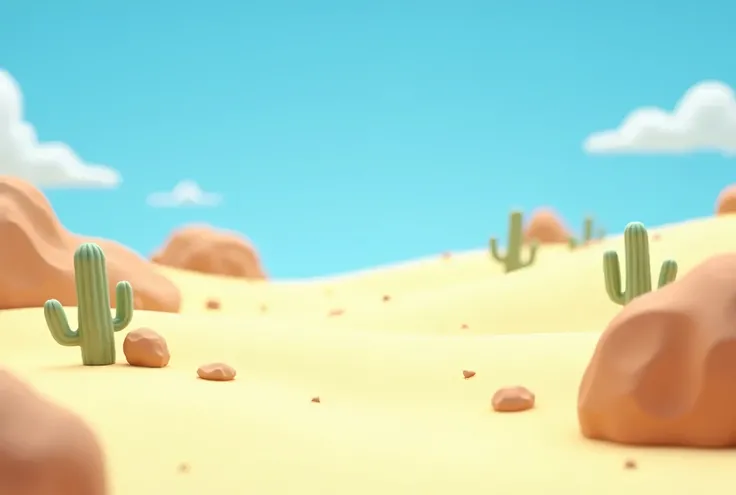 Create a toon-style 3D desert background with pale, light-yellow sand dunes and a bright, clear blue sky. The dunes should have soft shading to create depth but remain light enough to make the gold in the logo pop. Add subtle brown rocks or light green cac...