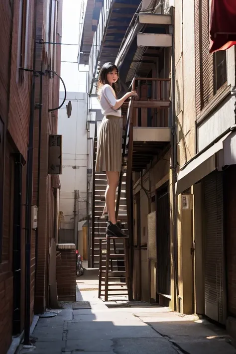 A slim, beautiful Japanese woman in a pleated skirt climbing a vertical fire escape ladder