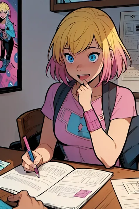 Alone, 1 girl, (Masterpiece), (( appearance)), blonde hair, by the median, Blue eyes, anime girl, small breasts, pink t-shirt, cyberpunk city background Action: Gwenpool, with a satisfied smile, She is sitting at a table surrounded by papers and pencils, d...