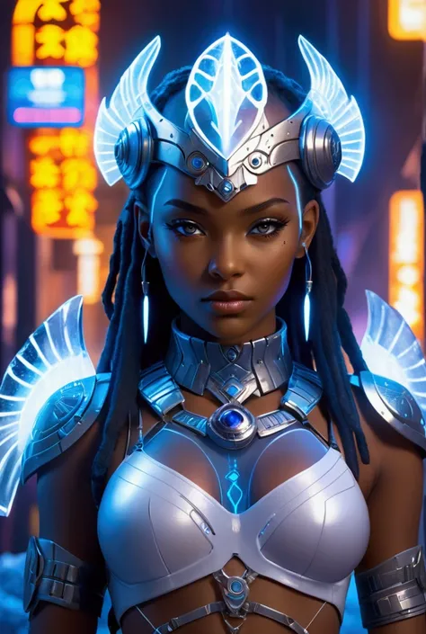 A beautiful & attractive young girl with african face, wearing a cyberpunk armory designed like a ice hawk wearing a cyberpunk designed ice hawk head band, with gaint illuminating ice knife, with ice  hawk design & hats, full body viewing details, camel to...