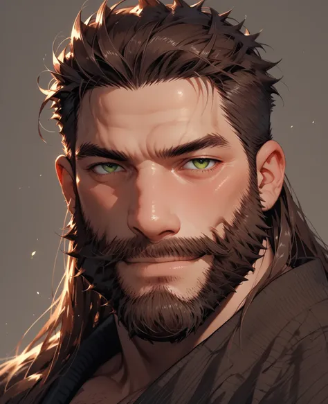 the face of an anime-style man, with an age on his face of 40 years, front view, rounded face with a long beard, with green eye color, with rounded dark brown hair.