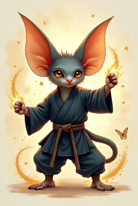 Create an image featuring a little bat with human-like qualities, standing upright in a martial arts pose. The little hippopotamus is Tai Chi adorned with a dark martial arts gi, and its body is surrounded by a dynamic swirl of golden particles that create...