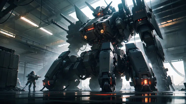 a heavily armored combat mecha, a quadruped robot, mechanical arms, turret, missiles, glowing eyes, a small girl sitting in the cockpit, detailed mechanical parts, intricate technology, complex machinery, futuristic design, cyberpunk, dark colors, dramatic...