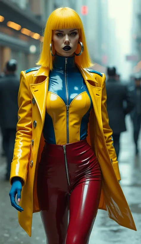 femme, latex, brillant, futuriste, tee shirt latex bleu marine, col roulé latex bleu marine, t-shirt zippé latex bleu marie, anneaux métaliques coup, futuriste veste latex jaune, grandes épolettes en latex jaune, et futurs corsets, futuristique jupe corset...