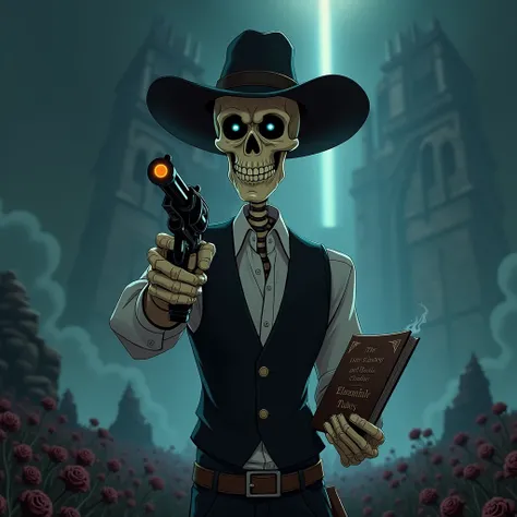 American animation, the skeleton of Roland Diskain, Wears a cowboy hat on his head, dressed in a black vest and a white shirt, holds a revolver in his right hand, in his left hand he holds a smoldering burning book with an inscription on the cover "The Cod...