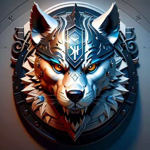 (masterpiece), best quality, perfect shape.
 round icon, silver and gold around edges, blacks and whites, glowing, a big head of roaring wolf with white and blue fur, LOGO with the text below the logo "CIPH Esport", 