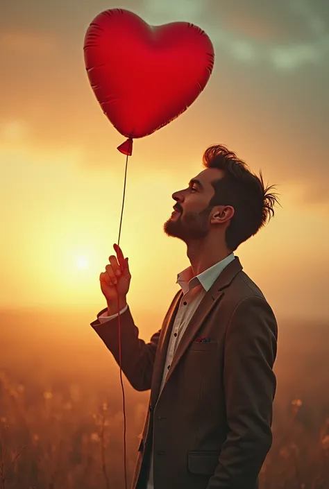 analog photo,photoart_style,realistic,film grain,4k,a poster depicts a man holding a heart shaped balloon, poodlepunk, warm tones,