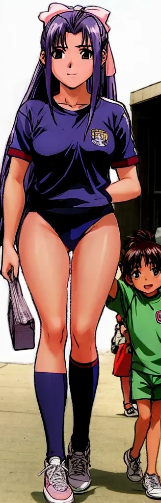 On the right, Momoko Koigakubo is standing with a smile on her face, wearing gym clothes and showing off her beautiful legs.。On the left, a young child in a tracksuit is being held by Momoko Koigakubo.。High image quality。