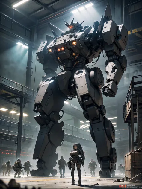 a highly detailed and realistic giant mecha suit of heavy armored battle machine, complex armored plating, massive tank treads, glowing eyes, large rotating turret with mounted machine guns, a cute young female pilot standing next to the mech, the pilot ha...