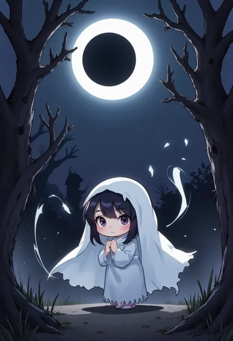 fca_style,1girl,halloween ghost costume,(chibi),horror,smoke, rotten tree, solar eclipse, halloweencoser