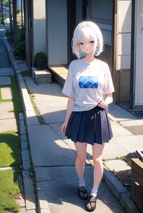 White Haired Woman , Blue Eyes , Wear a t-shirt and a short skirt. , Located in a residential area in Japan