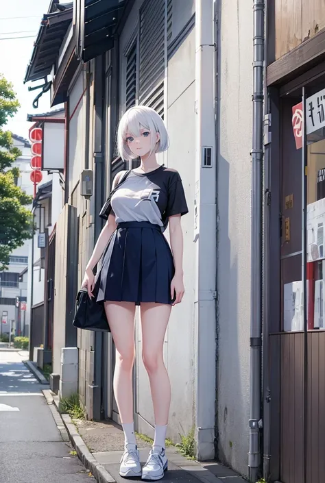 White Haired Woman , Blue Eyes , Wear a t-shirt and a short skirt. , Located in a residential area in Japan