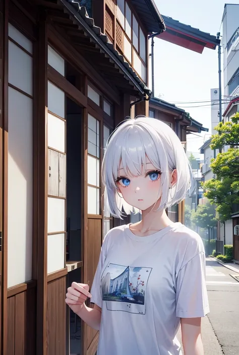 White Haired Girl , Blue Eyes , Wear a comfortable t-shirt.  , Located in a residential area in Japan