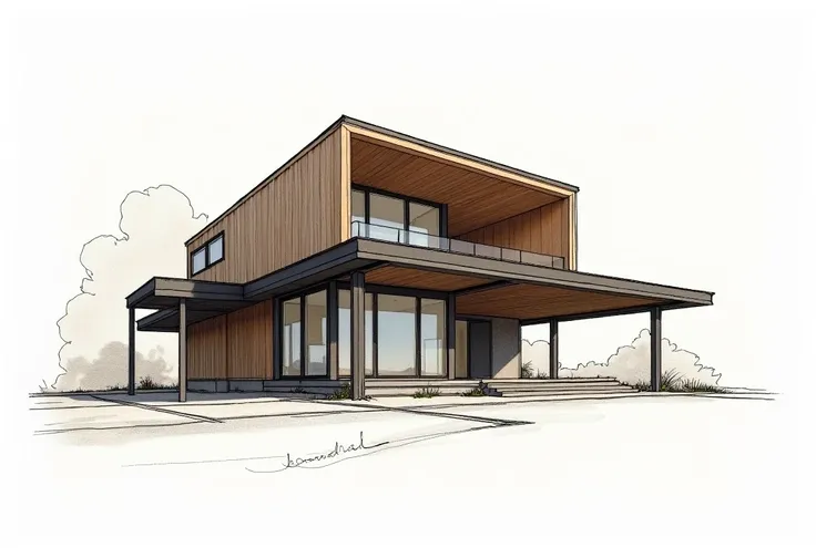 Sketch a hand-drawn design of a small modern house, featuring a wooden and dark metal exterior with clean, geometric lines. The drawing should focus on the structure with beams and columns, shown from a diagonal aerial view. Include the essential architect...