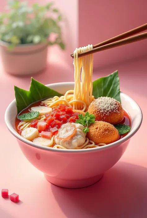 Create an image of noodle in clear pink soup, topped with fish rugby balls, fish dumplings, fried shrimp balls, cut morning glory, pork blood cube, pourred with pink tofu sauce, in pale pink bowl, street food