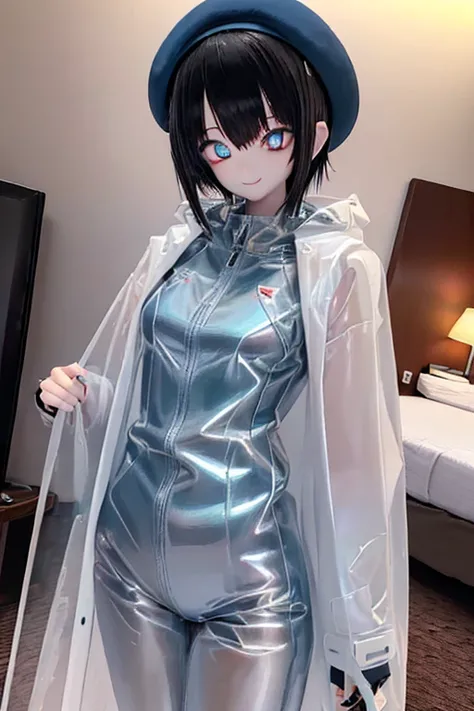 (SFW:2), photorealistic, realistic photo, 8k, ((highest quality)), ((masterpiece)), (extremely detailed), kukolnydom, doll, mecha musume, mechanical parts, (robot joints, bodysuit), (cowboy shot, raincoat, hotel room, mature woman, 21yo, 21_years_old, solo...