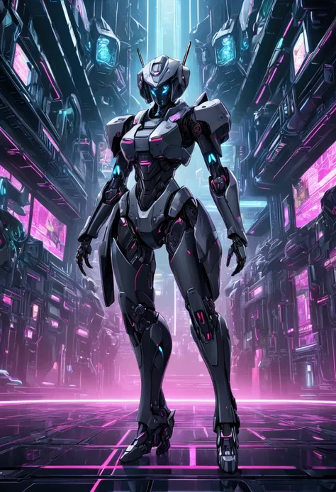 Anime cybernetic goth woman, Ultra HD, Japanese style animation, full body standing, 8k resolution, armoured mecha, 8k graphics, illustration, very detailed, cyberpunk, hyper dimension, knight, with cyberpunk background 8k resolution 