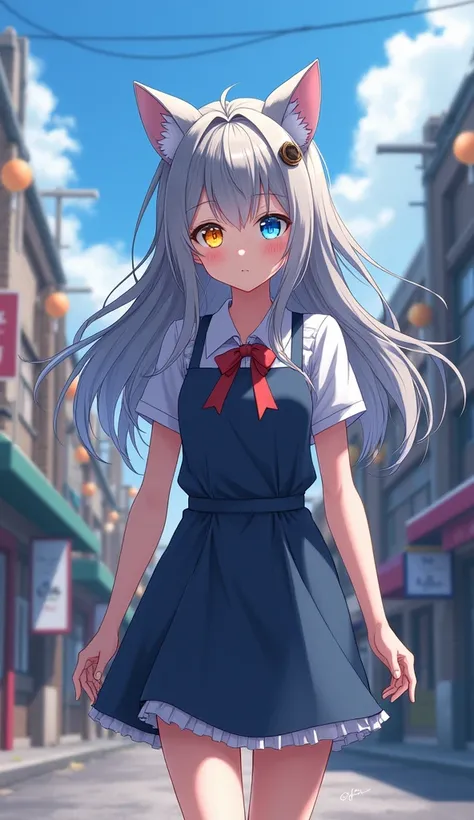 1 person，20-year-old women，Long Hair, Cat ears, Gray Hair，Odd Eye，Right eye yellow，Left eye blue，High-resolution model, Anime Style, Walking around town，Collared dress