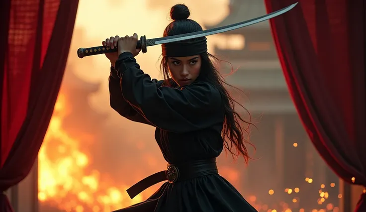 A female ninja with a hairband holds a short sword in the air、Lock the curtains、Black Costume、Intense action scenes、Flying sparks、Burning building background、Real Image、High definition