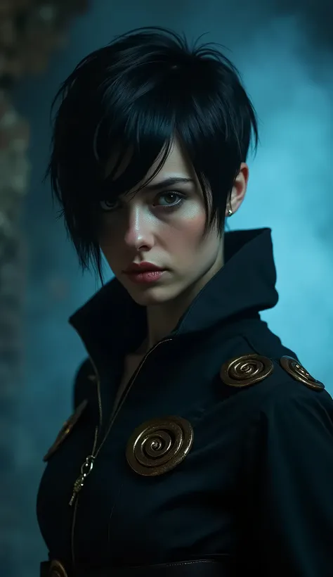 A woman with a square chin and a mad serious facial expression, short black pixie-style hair with a fringe covering one eye, and deep brown eyes. Shes dressed in black assassin fully clothes with golden spiral details. She is in dark dungeon with blue fog....