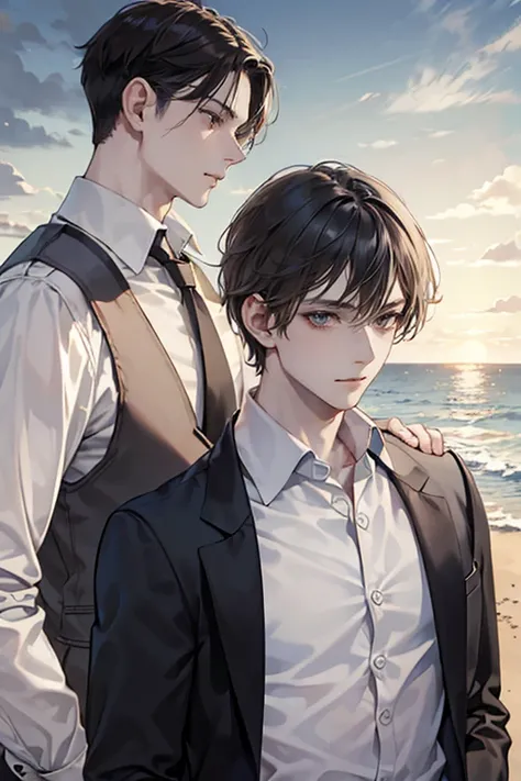 (Masterpiece), (Best Quality), Very detailed, (( two pale male )), Perfect Face, Beautiful Face, Very detail, (black-haired man and brown-haired man)、stunning, beach, cold Expression, formal white shirt, cold lightening, cold shadow, not facing each other