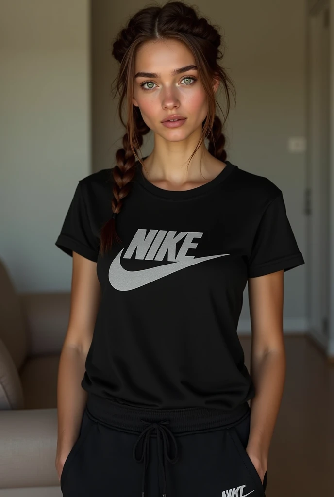 Très jeune femme blanche européene belle aux yeux verts et elle a une couronne de tresses brunes et une très longue tresse brune t-shirt noir Nike gros logo blanc avec écrit Nike, qui porte un pantalon avec logo Nike blanc sur le pantalon noir Nike fleece ...