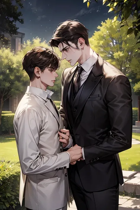 (Masterpiece), (Best Quality), Very detailed, (( two pale male )), Perfect Face, Beautiful Face, Very detail, (black-haired man and brown-haired man)、stunning, garden, cold Expression, formal white shirt, cold shadow, not facing each other