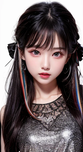 ((best quality)), ((masterpiece)), (detailed), 1girl, rainbow eyes, 着ぐるみ, hilighted long hair, black hair with silver highlights