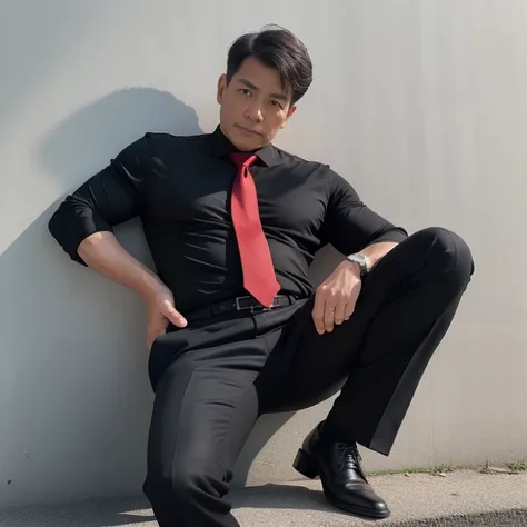 50 years old、One Man、Black Shirt、Red tie、black slim pants、Mountain hut。Spread your legs、Leaning against the wall、Muscular, ,Very short perm、Stubble、Asian Face　Swelling in the crotch area of your trousers　View from below　Upper body close-up