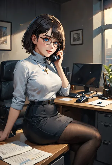 Church office. Secretary sitting at her desk, on the phone with her boss.((ultra realistic illustration:1.3)), Beautiful 18 yo woman of Scottish descent. Brunette, blue eyes, sexy figure, natural breasts, perfect ass, (bob cut),(bangs), Eyeglasses, turtlen...