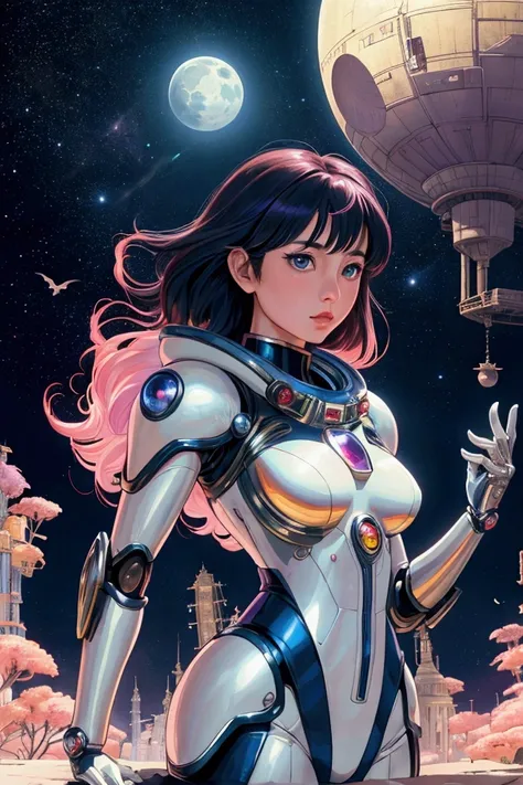 Jason Gamber, Paul Orban full colours, Naoko Takeuchi, Richard Roland Holst, Rafael DeSoto, Surrealism, strange, bizarre, fantastical, fantasy, Sci-fi, Japanese anime, homogeneous polycrystalline body, moon shell, city scenery, beautiful girl in a space su...