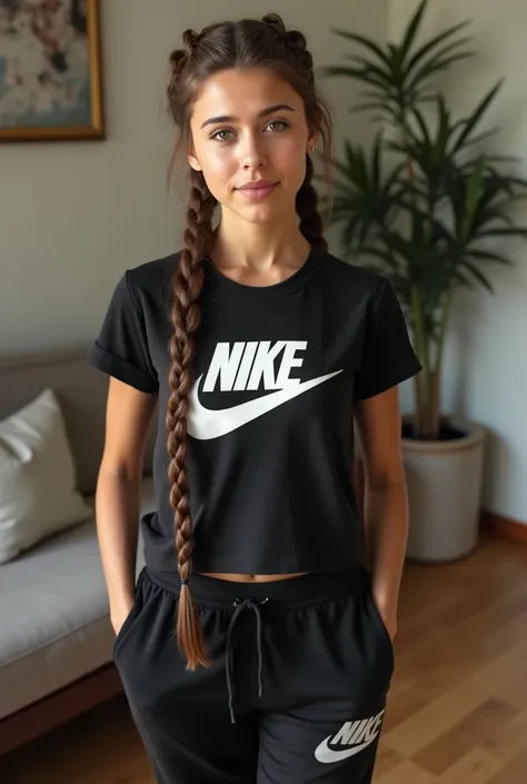 Très jeune femme blanche européene belle aux yeux verts et elle a une couronne de tresses brunes et une très longue tresse brune t-shirt noir court Nike gros logo blanc avec écrit Nike, qui porte un pantalon avec logo Nike blanc sur le pantalon noir Nike f...