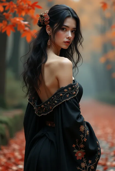 Black kimono with embroidery　Beautiful woman looking back　Shoulder Bare　naked　Background fallen leaves