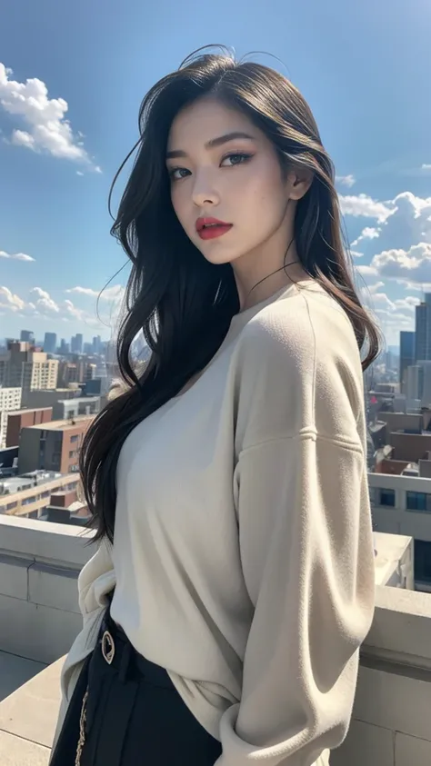 High resolution、masterpiece、Textured skin、high quality、Ultra HD、Very detailed、woman、Age 30、Center parted wavy hair、Large Breasts、大人のwoman、Sexy vibe、Perfect Style、On a city rooftop、City buildings on the horizon、The sky is filled with stars、My hair is blowin...