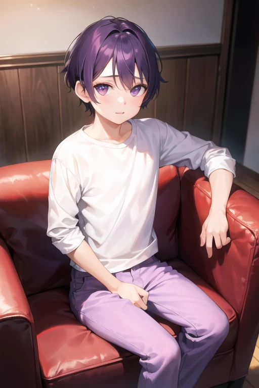 a young boy sitting in a living room, wearing a white sleeve shirt and purple underwear, beautiful, best quality, masterpiece