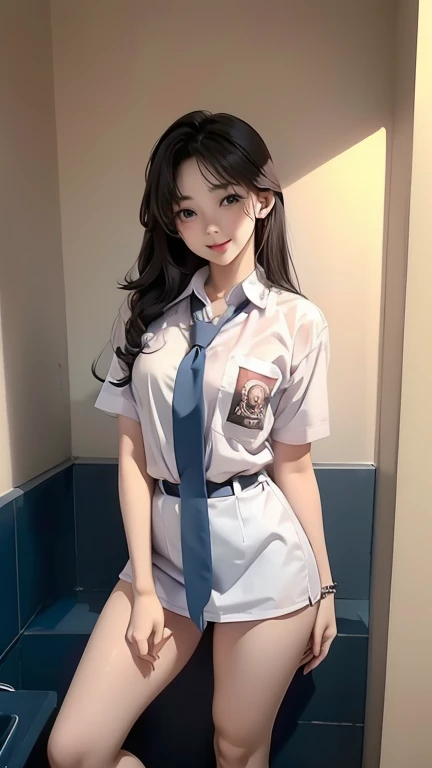 A shabby and worn-out public train station graffiti and womens numbers written on the walls restroom).Korean woman.korean beauty,Korean model.South Korean girl groups. She is wearing a tight white school uniform shirt, a blue tie, a white panti-boxers, and...